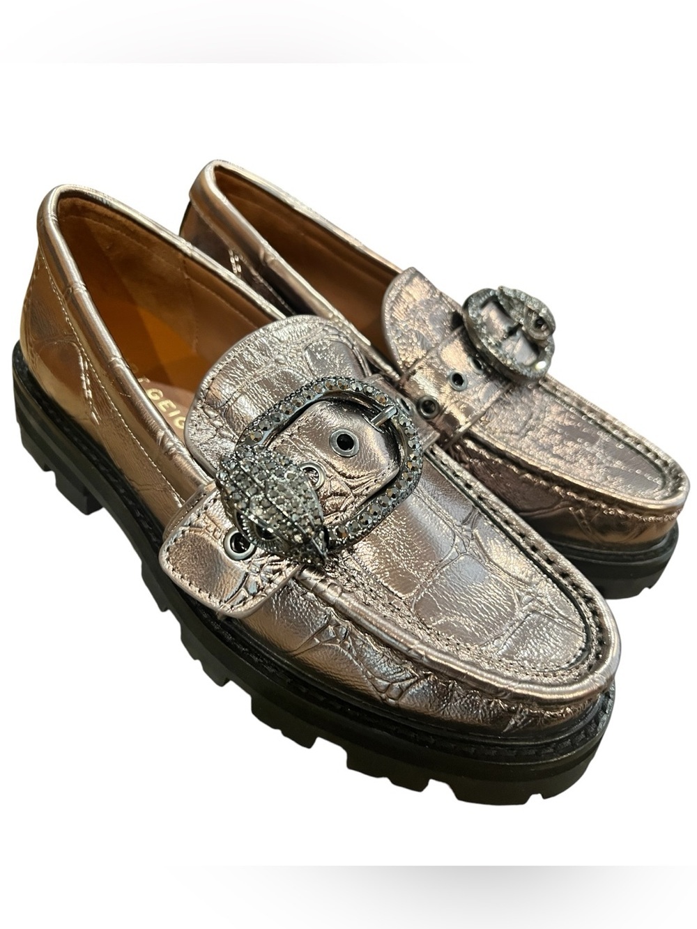 Kurt Geiger London Metallic Croc Embossed Leather Eagle Head Loafers EU 36 NWOT